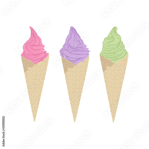 soft serve outline vector on white background for menu or advertising. Ice cream with three shapes. The detail in the waffle cone.