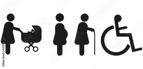 Elderly, stroller, disabled, pregnant vector design set.
prominence in the public domain.