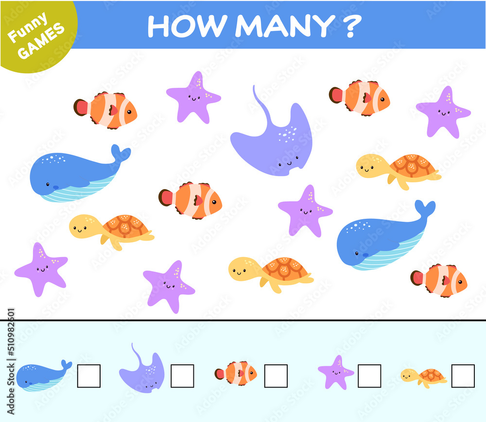 Funny game for kids. Find and count cute sea animals. Puzzle for children. How many activity page. Vector illustration Funny game for kids. Find and count cute sea animals. Puzzle for children. How many activity page. Vector illustration