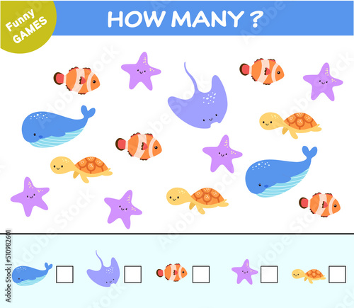 Funny game for kids. Find and count cute sea animals. Puzzle for children. How many activity page. Vector illustration