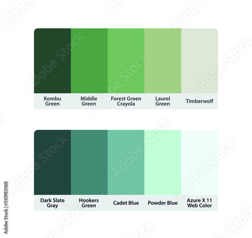 Matching color palette guide catalog collection. RGB HEX color codes with color names. Suitable for fashion Branding etc. 2 color palettes each contain 5 colors. Including teal and green.