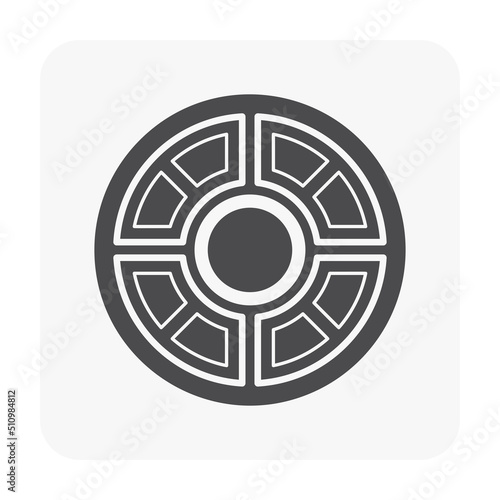 Manhole cover vector icon. Removable round metal plate or cast iron forming to lid over of opening hole at access point to drain sewer for cleaning, maintenance at underground, street, road in city.