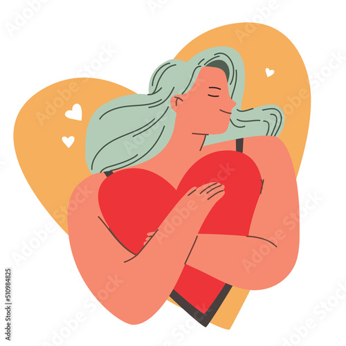 Smiling woman hugging big red heart. Love yourself, self care, body care, self acceptance, body positive concept. Vector flat cartoon style illustration
