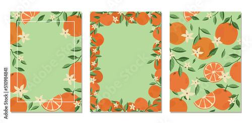 Frame set with mandarins or oranges. Design for cards, party invitation, business advertisement and promotion. Vector hand drawn cartoon style illustration