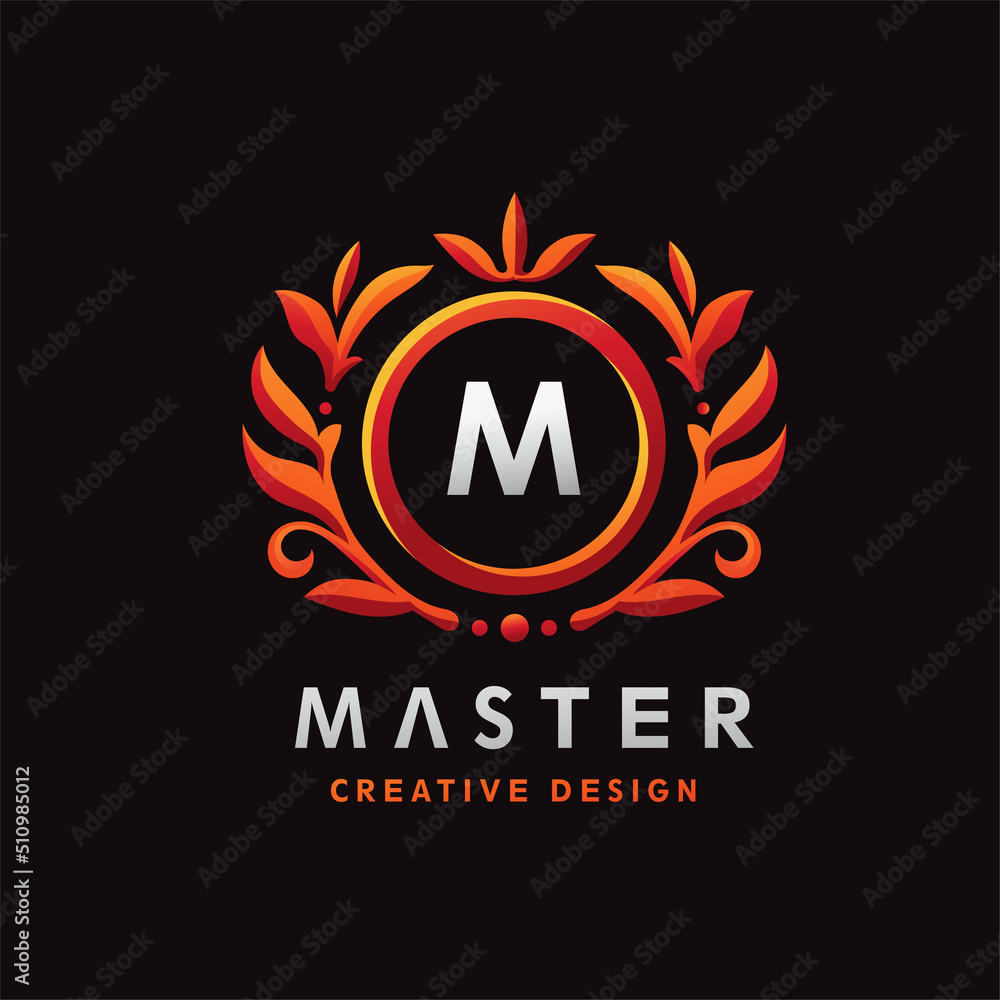 Golden Luxury M Initial Letter Logo Design Template with circle frame and Floral Vintage Golden Luxury M Initial Letter Logo Design Template with circle frame and Floral Vintage