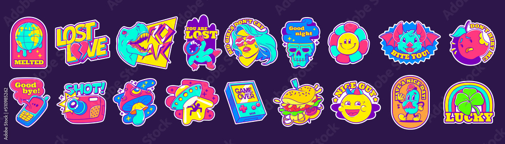 Retro stickers with ufo, mushroom, camera, dinosaur and flower. Badges in trendy contemporary design. Vector cartoon set of comic patches with girl, hamburger and apple
