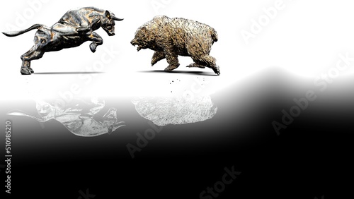Metallic Silver bull and bear sculpture staring at each other in dramatic contrasting light representing financial market trends under black-white background. Concept images of stock market. 3D CG. © DRN Studio