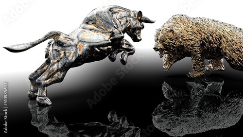 Fototapeta Naklejka Na Ścianę i Meble -  Metallic Silver bull and bear sculpture staring at each other in dramatic contrasting light representing financial market trends under black-white background. Concept images of stock market. 3D CG.
