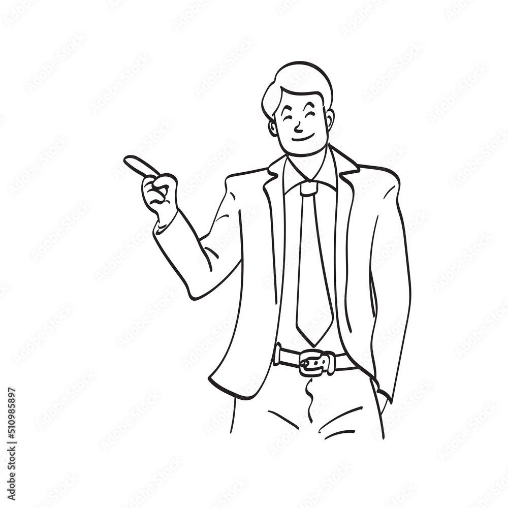 line art businessman wearing suit with tie and pointing on a copyspace with his finger illustration vector hand drawn isolated on white background line art businessman wearing suit with tie and pointing on a copyspace with his finger illustration vector hand drawn isolated on white background