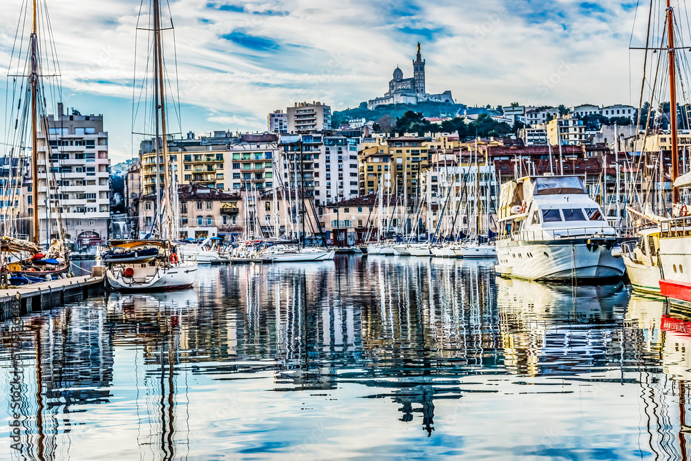 Yachts Boats Waterfront Reflection Church Marseille France