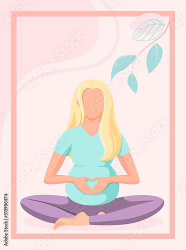 Pregnant woman in the lotus position. Yoga. Cartoon design.
