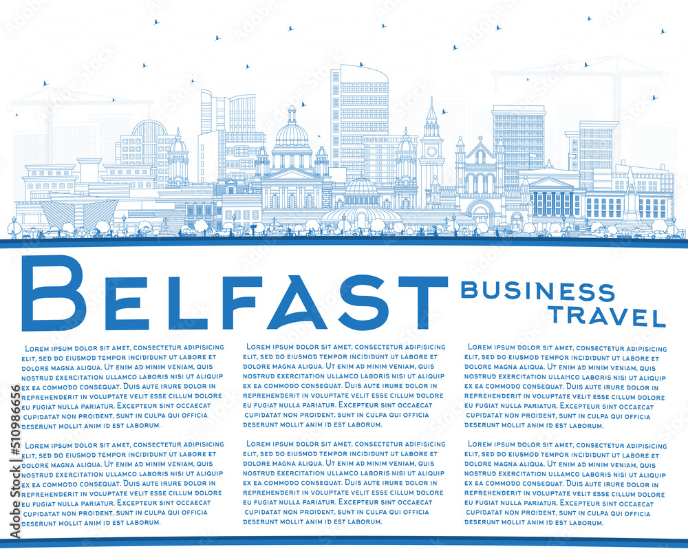 Outline Belfast Northern Ireland City Skyline with Blue Buildings and Copy Space. Outline Belfast Northern Ireland City Skyline with Blue Buildings and Copy Space.