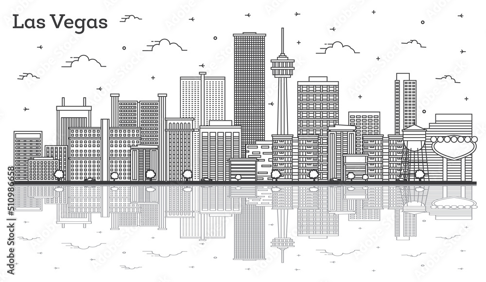 Fototapeta premium Outline Las Vegas Nevada City Skyline with Modern Buildings and Reflections Isolated on White.