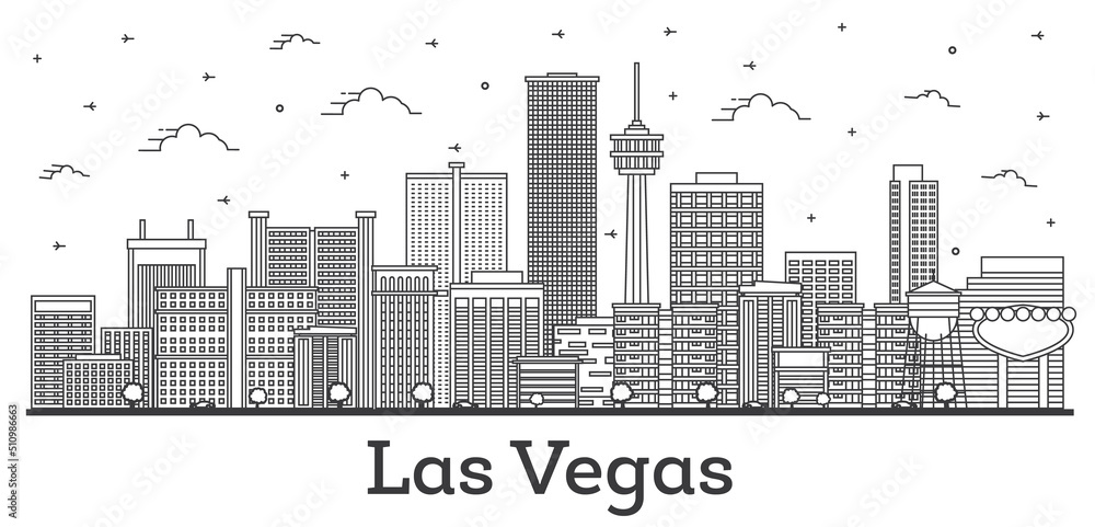 Outline Las Vegas Nevada City Skyline with Modern Buildings Isolated on White.