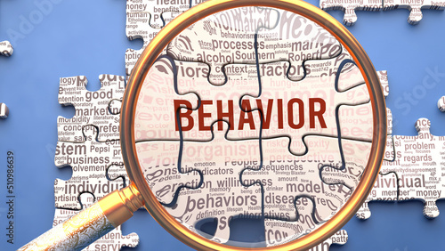 Behavior as a complex and multipart topic under close inspection. Complexity shown as matching puzzle pieces defining dozens of vital ideas and concepts about Behavior,3d illustration