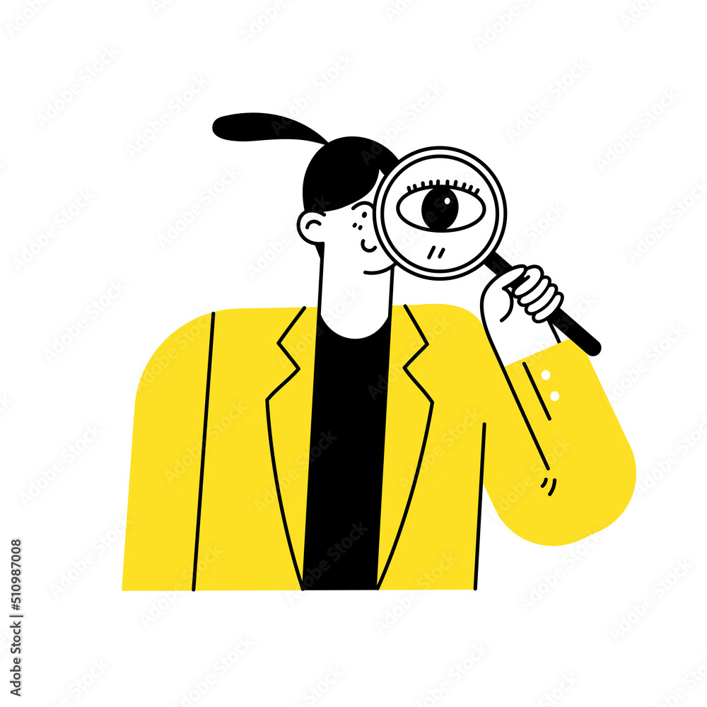 Employer with magnifier searching the best candidate. Human resources, headhunter, choosing talent concept Employer with magnifier searching the best candidate. Human resources, headhunter, choosing talent concept