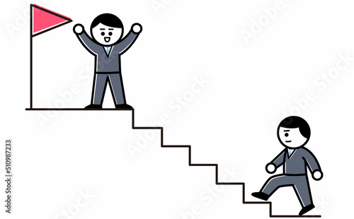 Flag at the top of the stairs, goal achievement or success, businessman, ゴール、成功のイメージ、階段を登る会社員