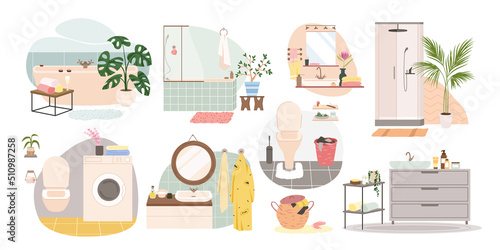 Bathroom, WC accessories and furniture set vector illustration. Cartoon collection with washing machine, washbasin and shower, bathtub and mirror isolated on white. Home interior, hygiene concept