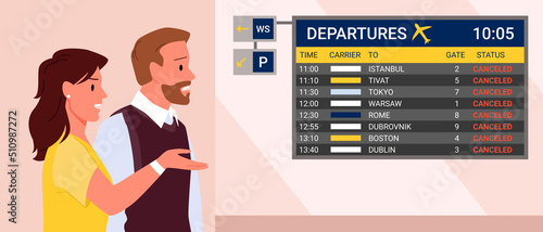 Worried and disappointed passengers wait, delayed airline flight, aircraft problems, waiting lounge room terminal vector illustration. Canceled flights on departure airport screen board