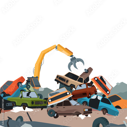 Car dump junkyard landscape with metal pile. Cartoon steel crane working, dismantling scrapyard with old broken and crushed parts of auto vehicles, abandoned landfill background
