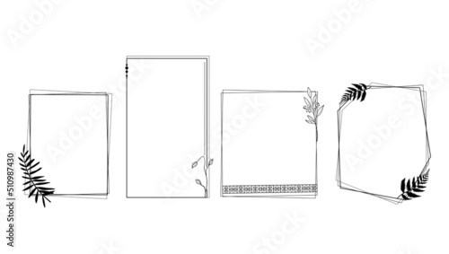 Frames in greek style isolated clip arts bundle, square and rectangular black and white greece frames set, floral fern leaves decorative frames for text - vector kit