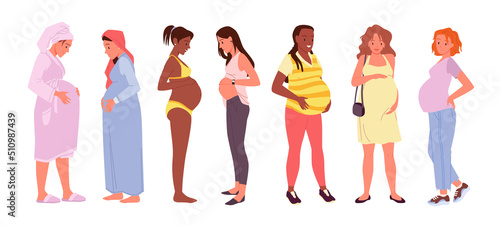 Pregnant women set vector illustration. Cartoon diverse group of female characters with different ethnicity and pregnancy, future mothers with belly wear casual clothes, underwear isolated on white