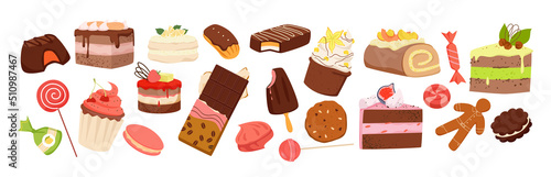 Sweet candy and cakes set vector illustration. Cartoon sugar snack confection scrapbook collection with assorted menu dessert food isolated on white. Pastry, sweetmeats, birthday party concept
