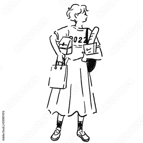 買い物をする女性の線画