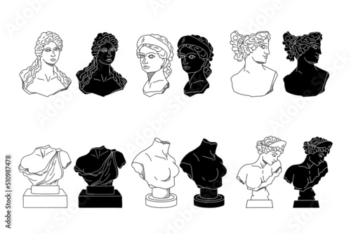 Ancient Greek bust statues of goddess and nymphs, vector black white line and solid silhouettes of antique female sculptures, hand drawn women figures isolated clip art collection