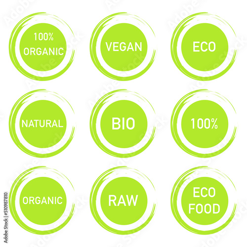 A set of green icons with text: Organic, Vegan, Eco food, Natural, RAW, 100%. The theme of eco-friendly and vegetarian food.