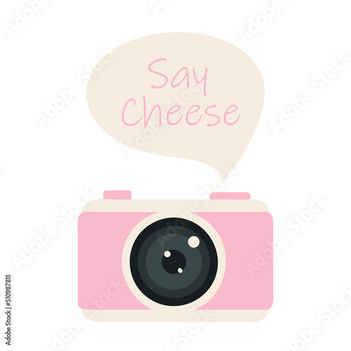 Retro camera with a say cheese note in flat style. vector illustration