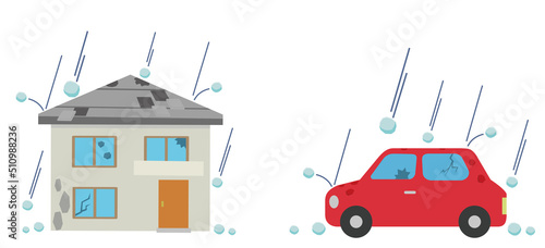 雹の被害　二階建ての家と自動車　アイコン　イラスト