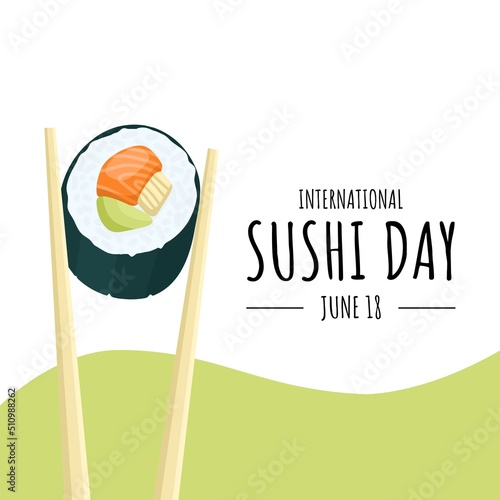 Vector illustration, a piece of sushi on chopsticks, as a banner, poster or template, international sushi day.