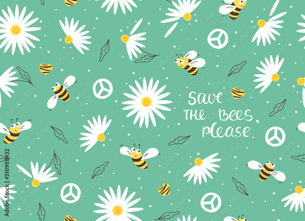 Obraz premium Daisy and bee seamless pattern. Flowers and cartoon bees, hearts on a green background. Vector. 