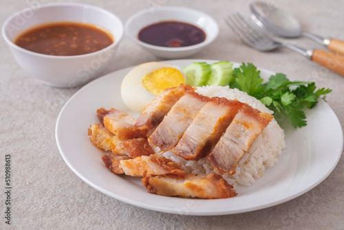 Crispy pork with rice on plate and sauce in bowl