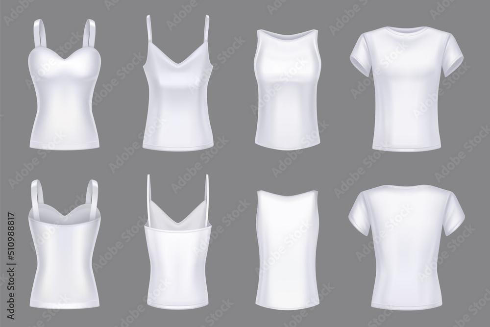 Women t-shirt white mockup front rear view. Blank template female clothes, 3D set realistic vector isolated illustration, short sleeve and strap top, bustier with cups Women t-shirt white mockup front rear view. Blank template female clothes, 3D set realistic vector isolated illustration, short sleeve and strap top, bustier with cups