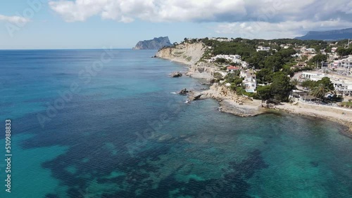 Aerial views from Moraira's coast. Drone video in Moraira, White Coast, Alicante, Spain. Les platgetes, Moraira. 