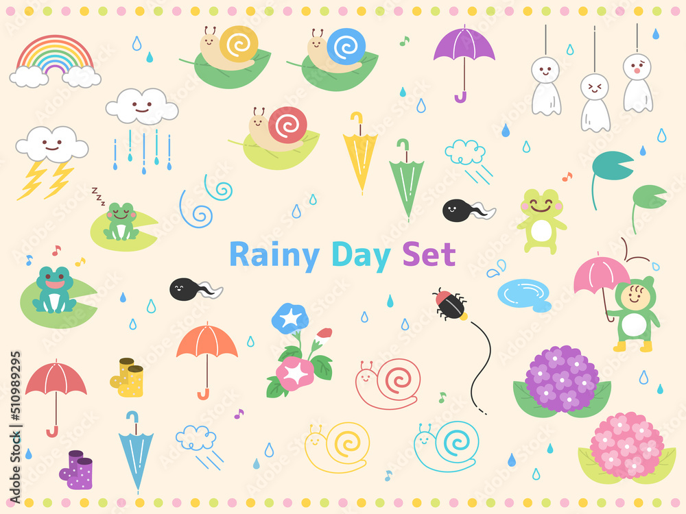 Fototapeta premium 梅雨 夏 手描き 手書き 雨 かたつむり あじさい 虹 傘 蛙 てるてる坊主 雲 イラスト セット