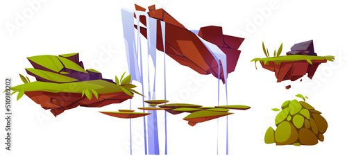 Fantasy floating islands with green grass and waterfall. Vector cartoon illustration set, landscape elements with rocks, ground pieces flying in sky isolated. 2d land platforms for game background