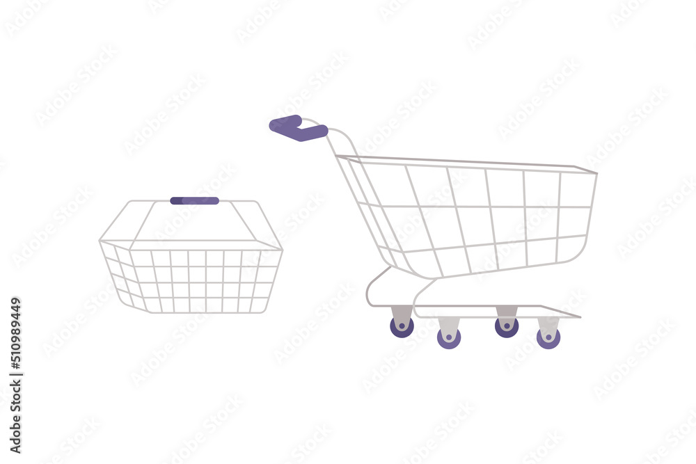 Set of empty shopping trolley and basket Set of empty shopping trolley and basket