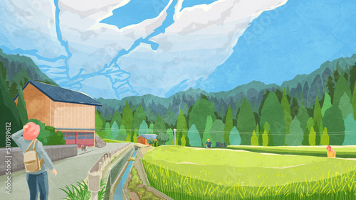 水田のある夏の日本の原風景手書き水彩風イラスト