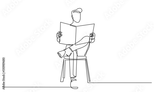 Man with Newspaper Continuous One Line Drawing. Reading Concept Single Line Art Illustration. Contour Drawing Education Theme. Vector Illustration.