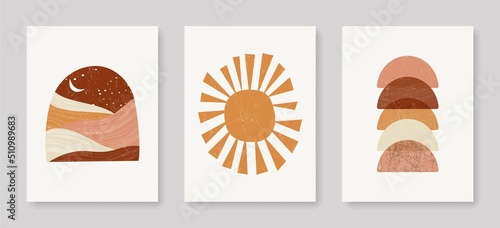 Mid Century Modern Abstract Wall Art Set of 3 Prints with Geometric Shapes, Abstract Sun, Mountain Landscape. Abstract Boho Wall Art Print. Bohemian Wall Decor. Vector EPS 10