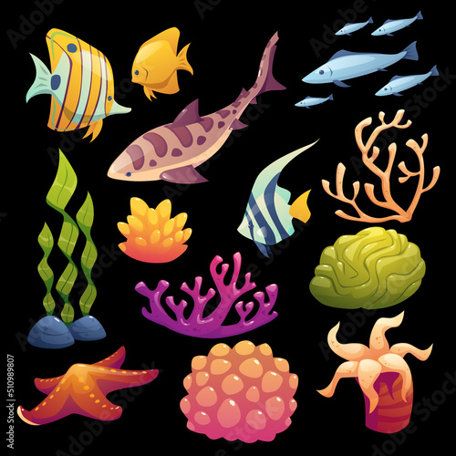 Sea tropical fish, coral, red star and sponge cartoon vector set isolated on black background. Striped butterfly fish and shark, yellow tang and school of tuna, actinia and seaweed, underwater animal