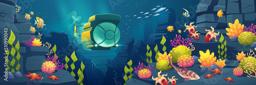 Underwater sea landscape with submarine, fish, corals, marine plants and animals. Vector cartoon illustration of tropical ocean bottom scene with bathyscaphe, seaweed, aquatic fauna