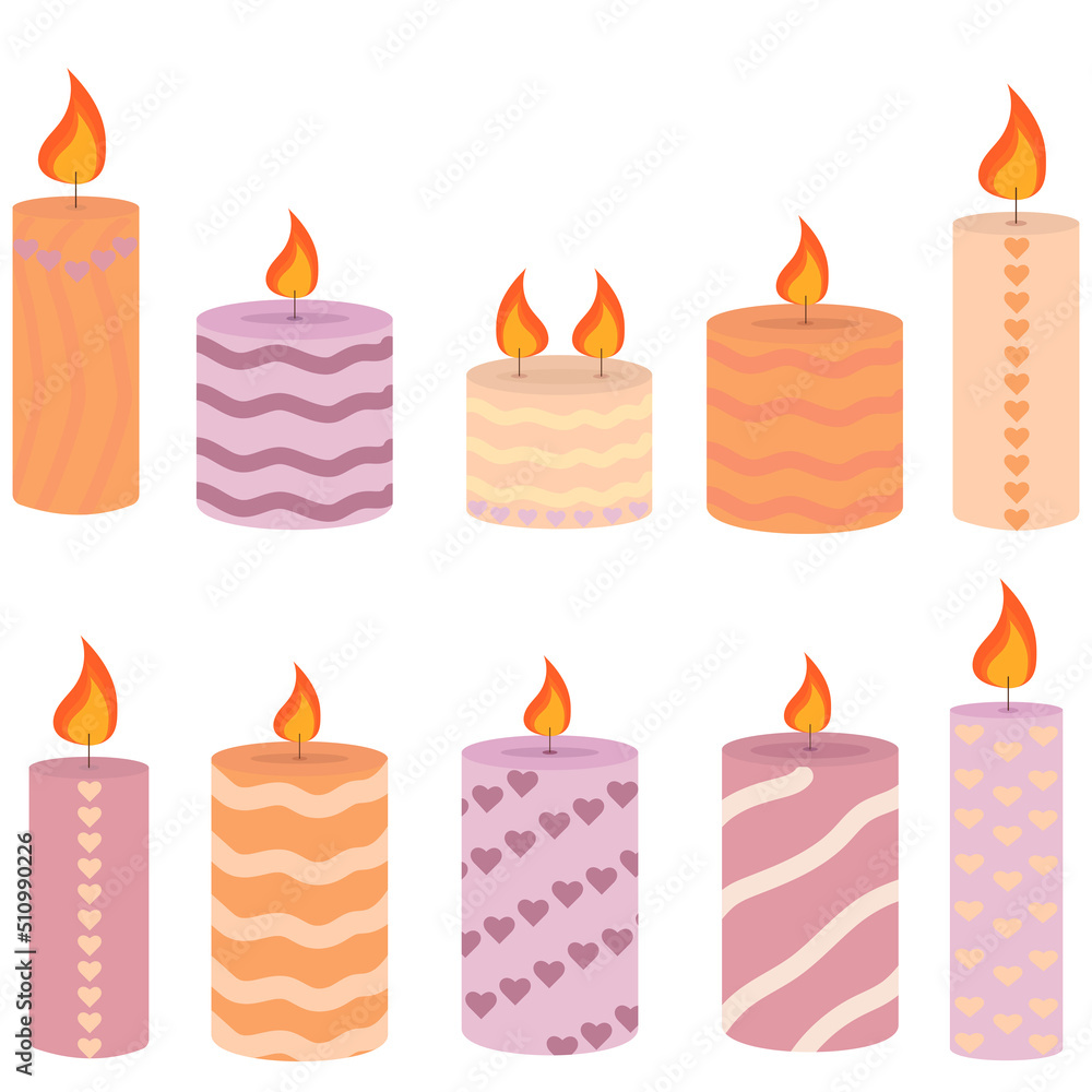 Burning cute wax and paraffin scented candles. Candles decor for home and comfort, holiday Burning cute wax and paraffin scented candles. Candles decor for home and comfort, holiday