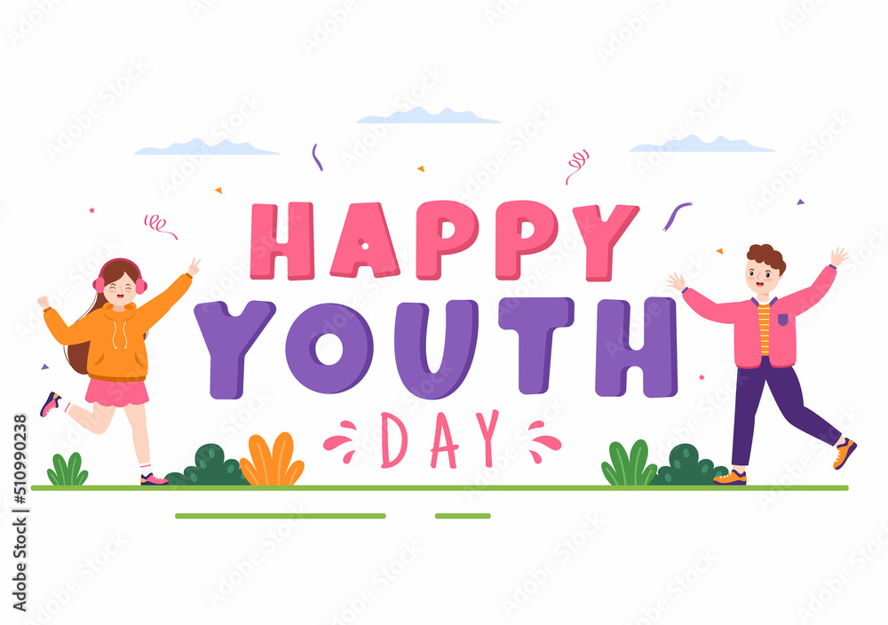 Happy International Youth Day Cute Cartoon Illustration with Young Boys and Girls For Campaign in Flat Style Background