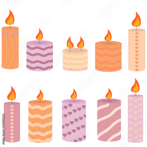 Burning cute wax and paraffin scented candles. Candles decor for home and comfort, holiday