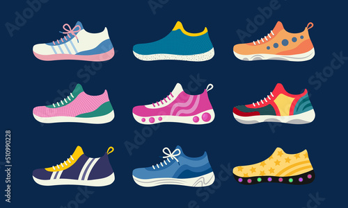 Sneakers isolated. Vector set of sports footwear. Colorful shoes for fitness and daily activity. Flat object illustration