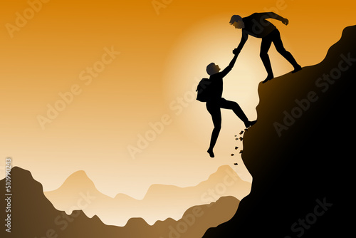 Basic RGBTeamwork trekking couples help each other trust help shadows in the mountains, sunset. Teamwork of two male climbers help each other on top of the climbing team, sunset landscape.